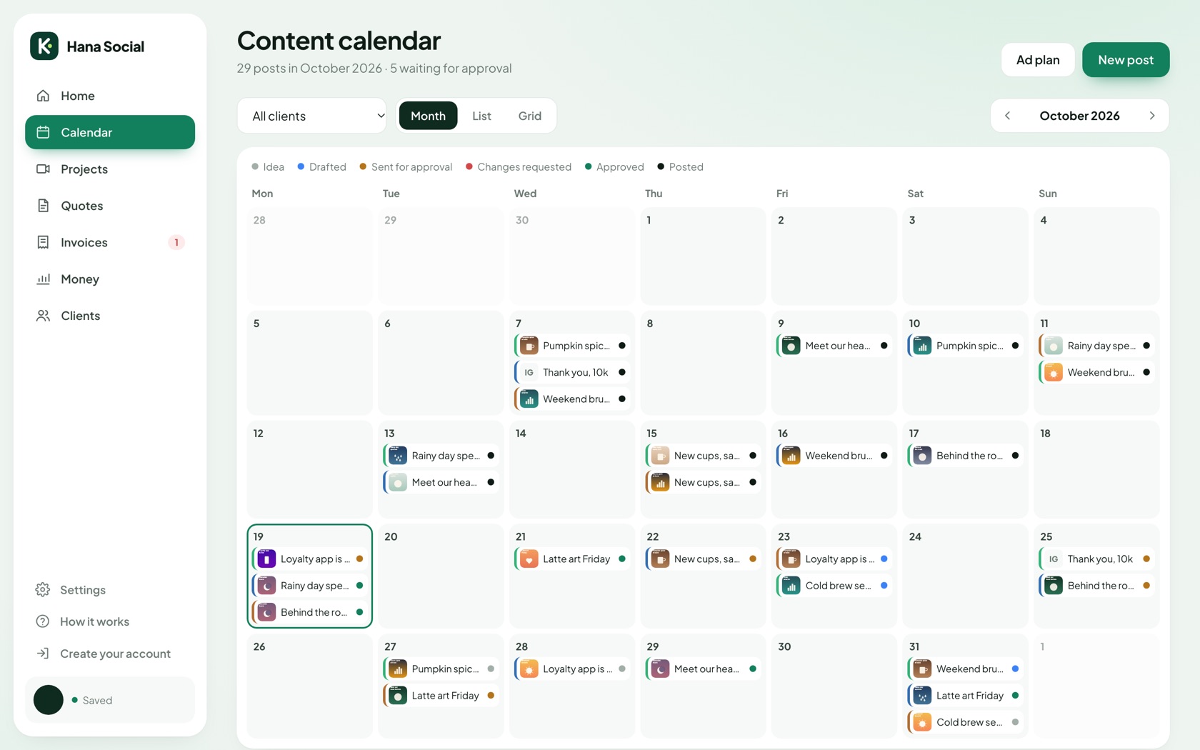 Kanvo content calendar showing a month of planned posts for several clients
