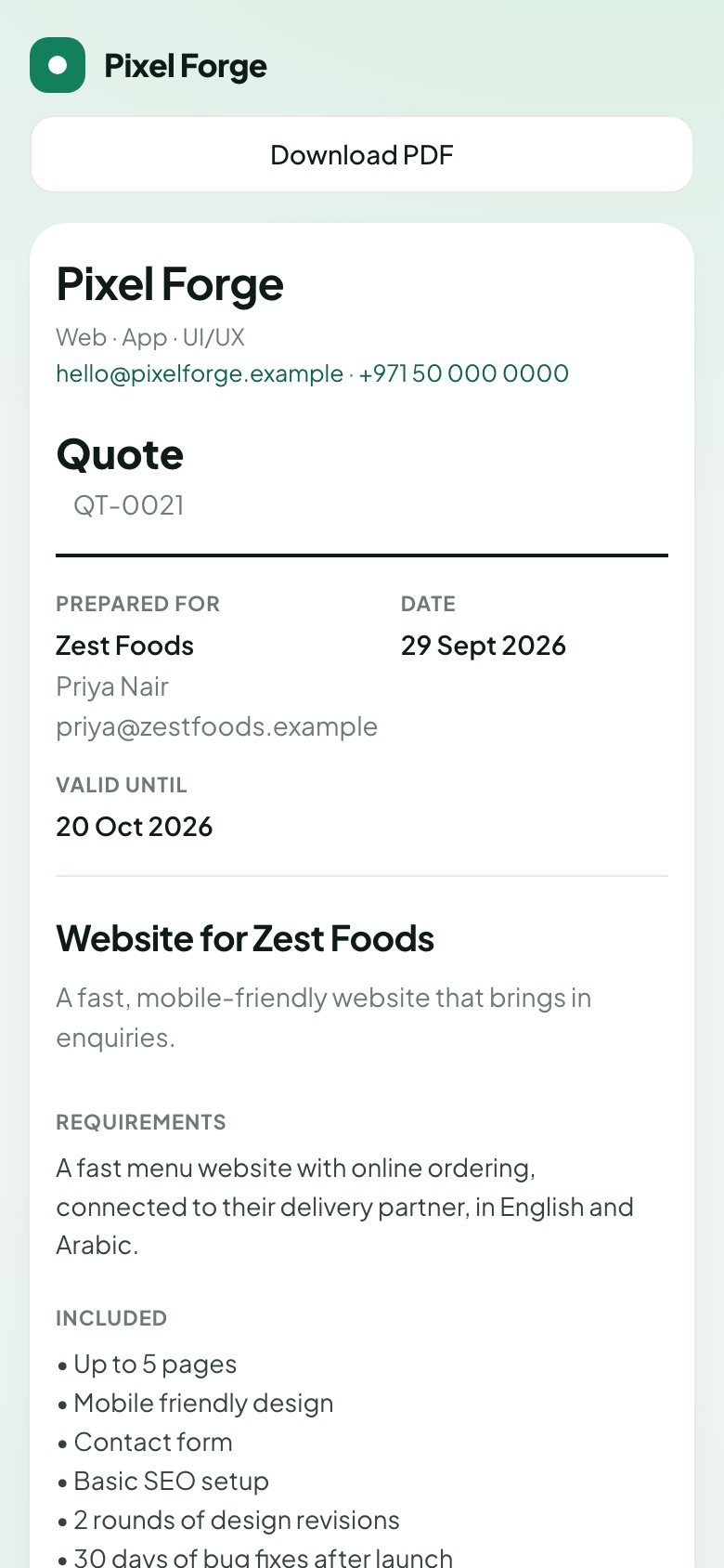 A quote opened on a phone, ready for the client to accept